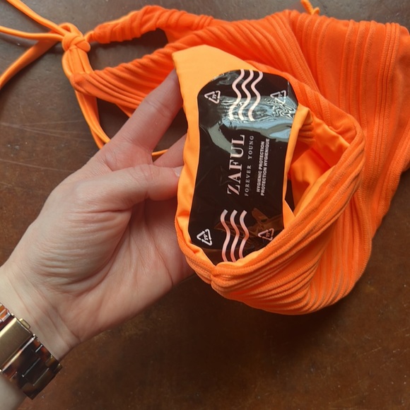 NWT Zaful Neon Orange Ribbed High Cut Tie Bikini Bottoms - Picture 7 of 8